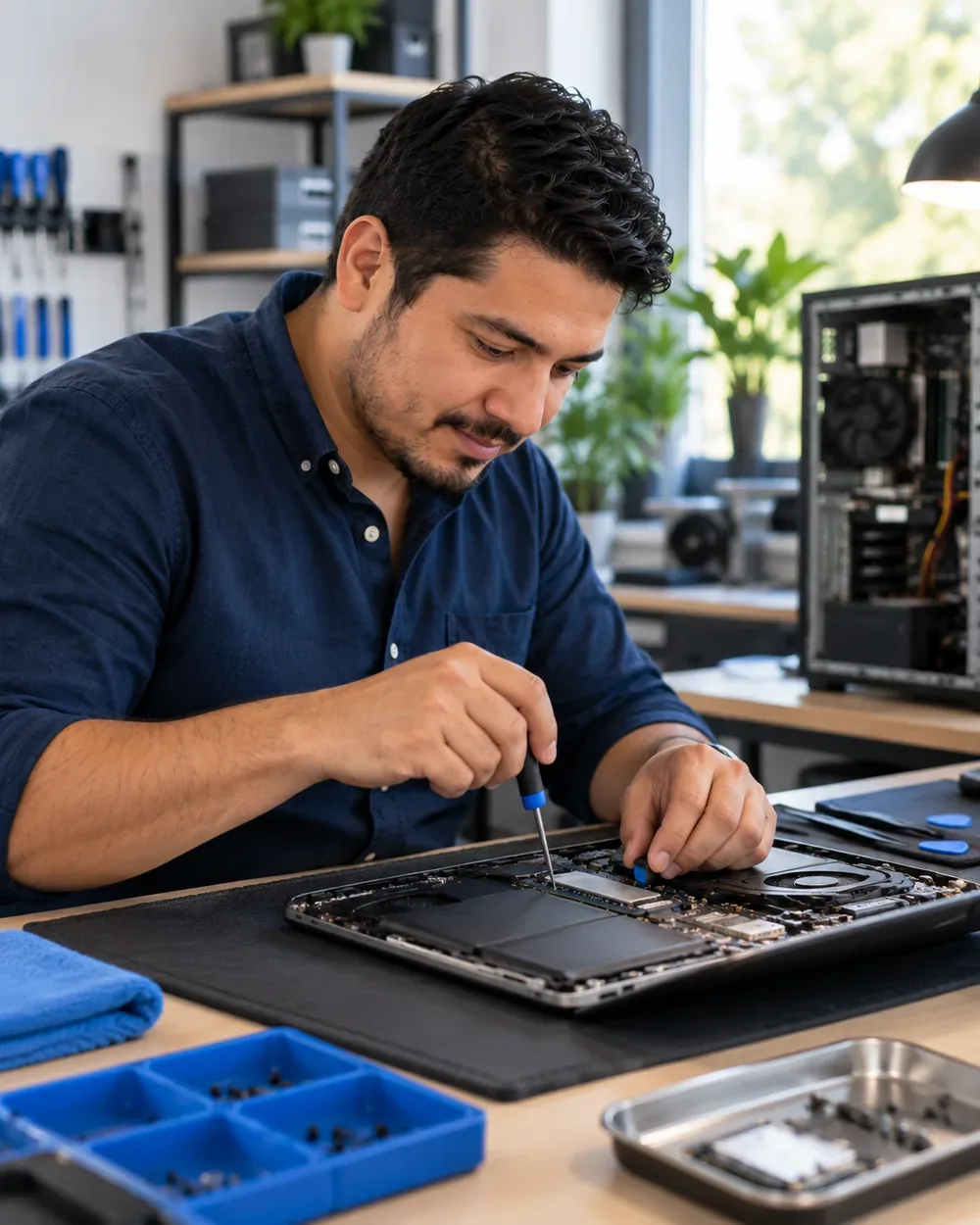 Técnico de Soporte Técnico 24 MX dando mantenimiento a una laptop