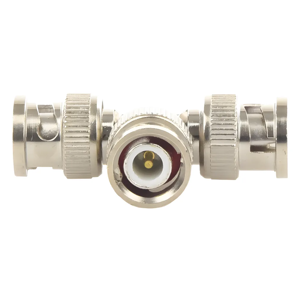 Adaptador de Triple conectores BNC macho para uso en sistemas de video vigilancia en aplicación con cables coaxiales RG-59/ RG-6, Níquel/ Oro/ Politetrafluoroetileno. – vista 2