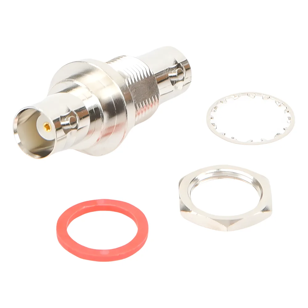 Adaptador Doble BNC Hembra para Chasis, Hermético y de Montaje en D-Plano, Níquel/ Oro/ Delrin.