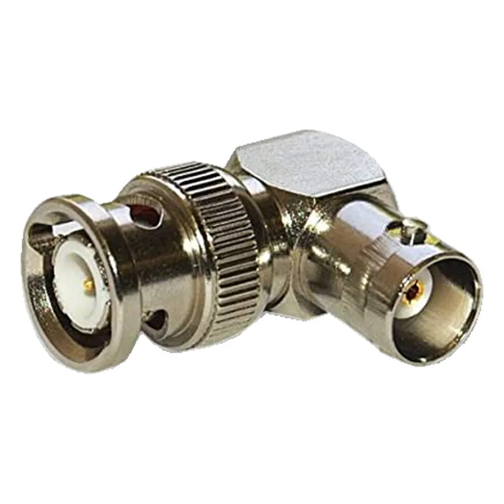 Adaptador en Ángulo Recto, de Conector BNC Macho a BNC Hembra, 50 Ohm (Monitor), Níquel/ Plata/ Teflón.