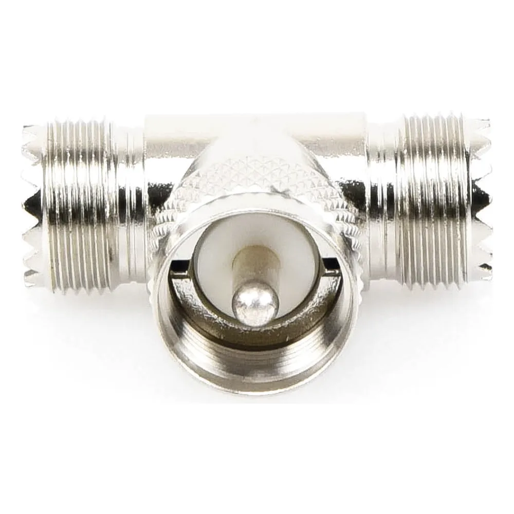 Adaptador en forma T, de Conector UHF Macho (PL-259) a Doble UHF Hembra (SO-239), Níquel/ Plata/ Delrin. – vista 2