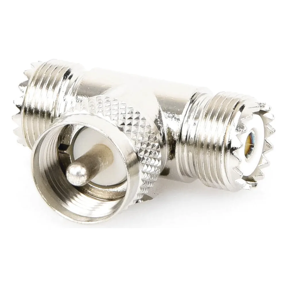 Adaptador en forma T, de Conector UHF Macho (PL-259) a Doble UHF Hembra (SO-239), Níquel/ Plata/ Delrin. – vista 3