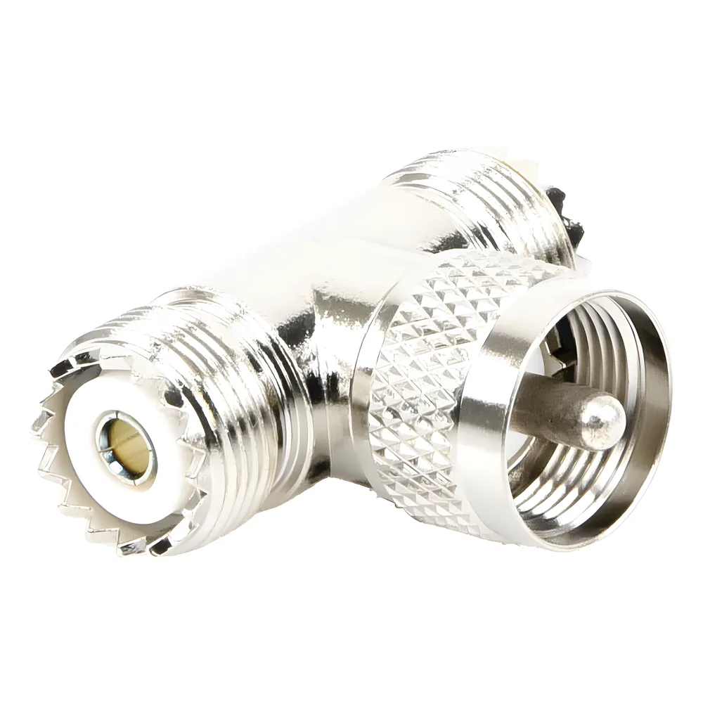 Adaptador en forma T, de Conector UHF Macho (PL-259) a Doble UHF Hembra (SO-239), Níquel/ Plata/ Delrin.
