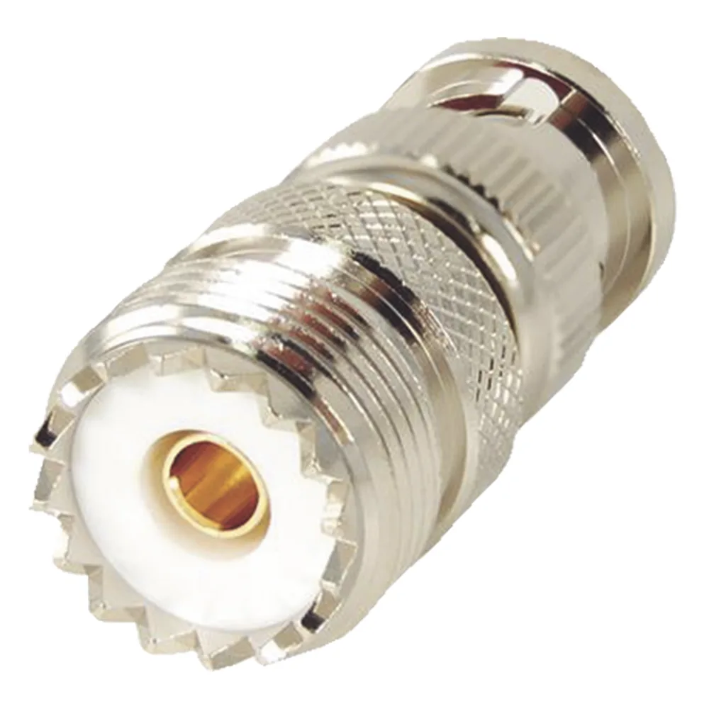 Adaptador en Linea para 50 Ohm, Conector BNC Macho-UHF Hembra (SO-239), Níquel/ Oro/ Delrin.