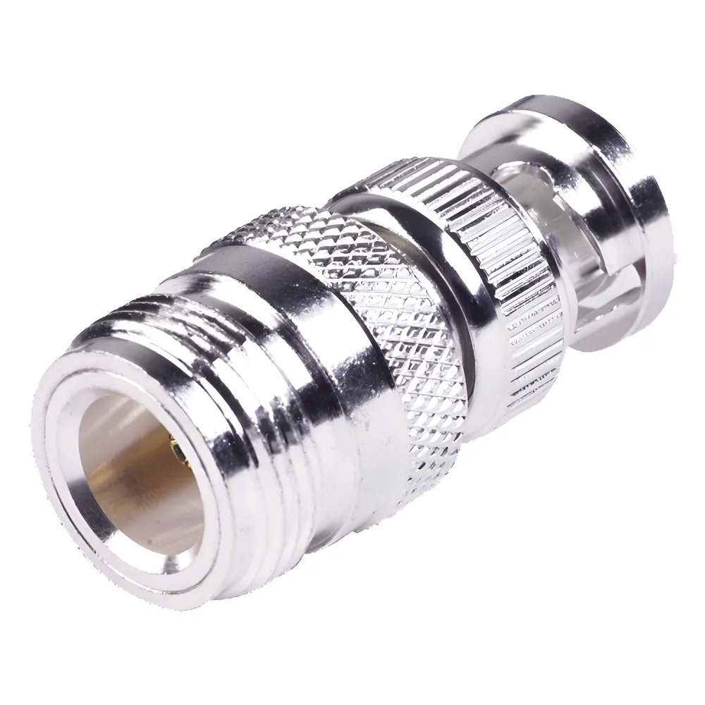 Adaptador en Linea para 50 Ohm, de Conector N Hembra a BNC Macho, Plata /Oro /Teflón.
