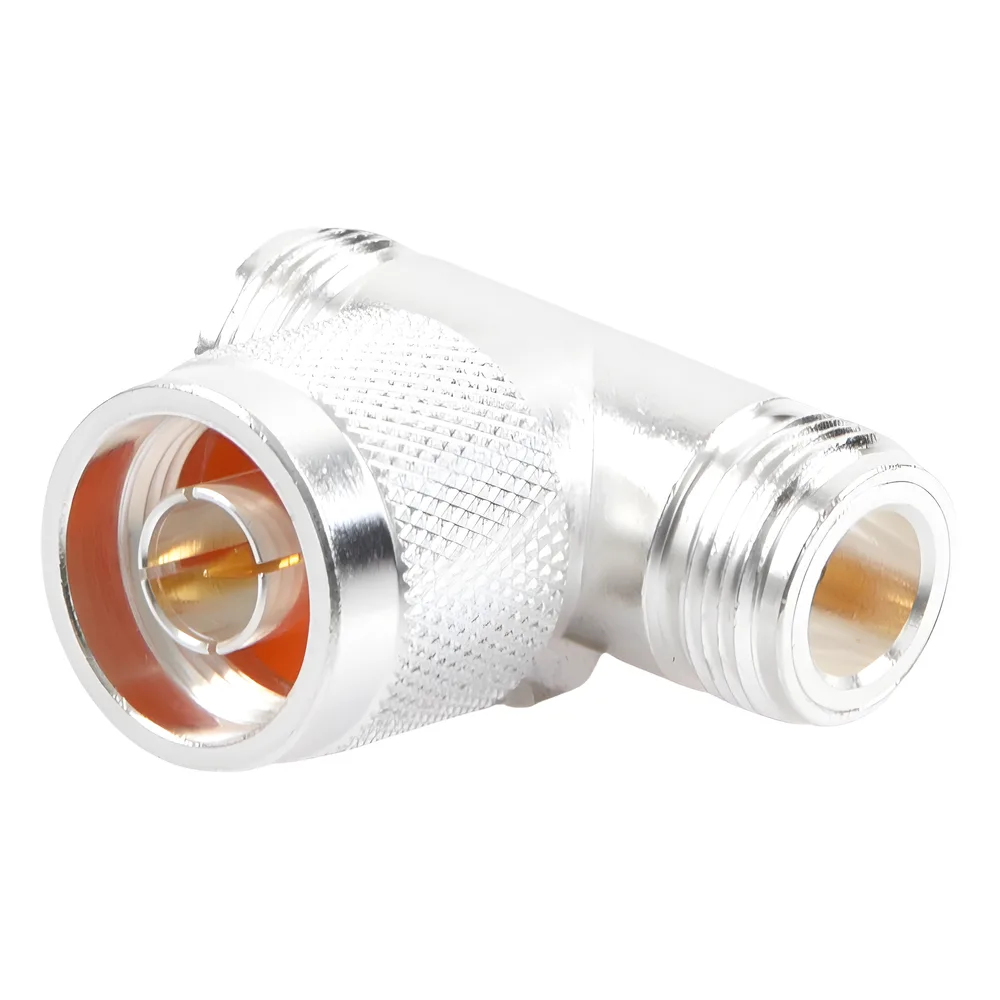 Adaptador en T, de Conector N Macho a Doble N Hembra, Plata/ Oro/ Teflón. – vista 2