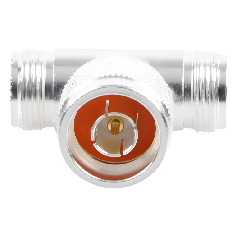 Adaptador en T, de Conector N Macho a Doble N Hembra, Plata/ Oro/ Teflón. – vista 4