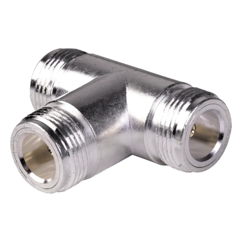 Adaptador en T, Triple Conectores N Hembra, Plata/ Oro/ Teflón.