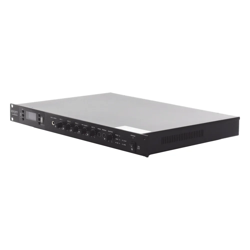 Amplificador de Audio | 1 canal | 350 W | Sistema 100V y Baja Impedancia | 4 Entradas de Micrófono Balanceadas | Bluetooth | USB | SD | FM | Montaje en Rack – vista 3
