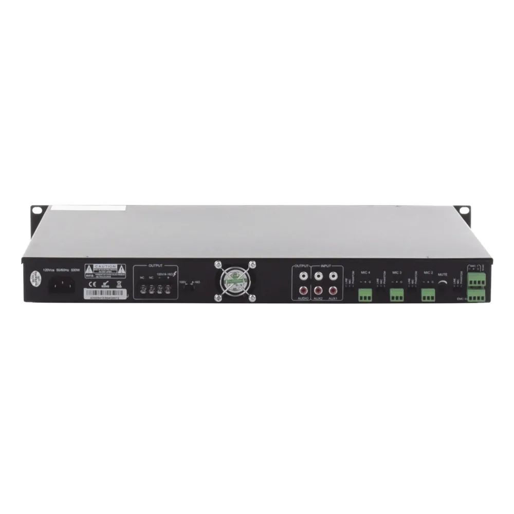 Amplificador de Audio | 1 canal | 350 W | Sistema 100V y Baja Impedancia | 4 Entradas de Micrófono Balanceadas | Bluetooth | USB | SD | FM | Montaje en Rack – vista 4