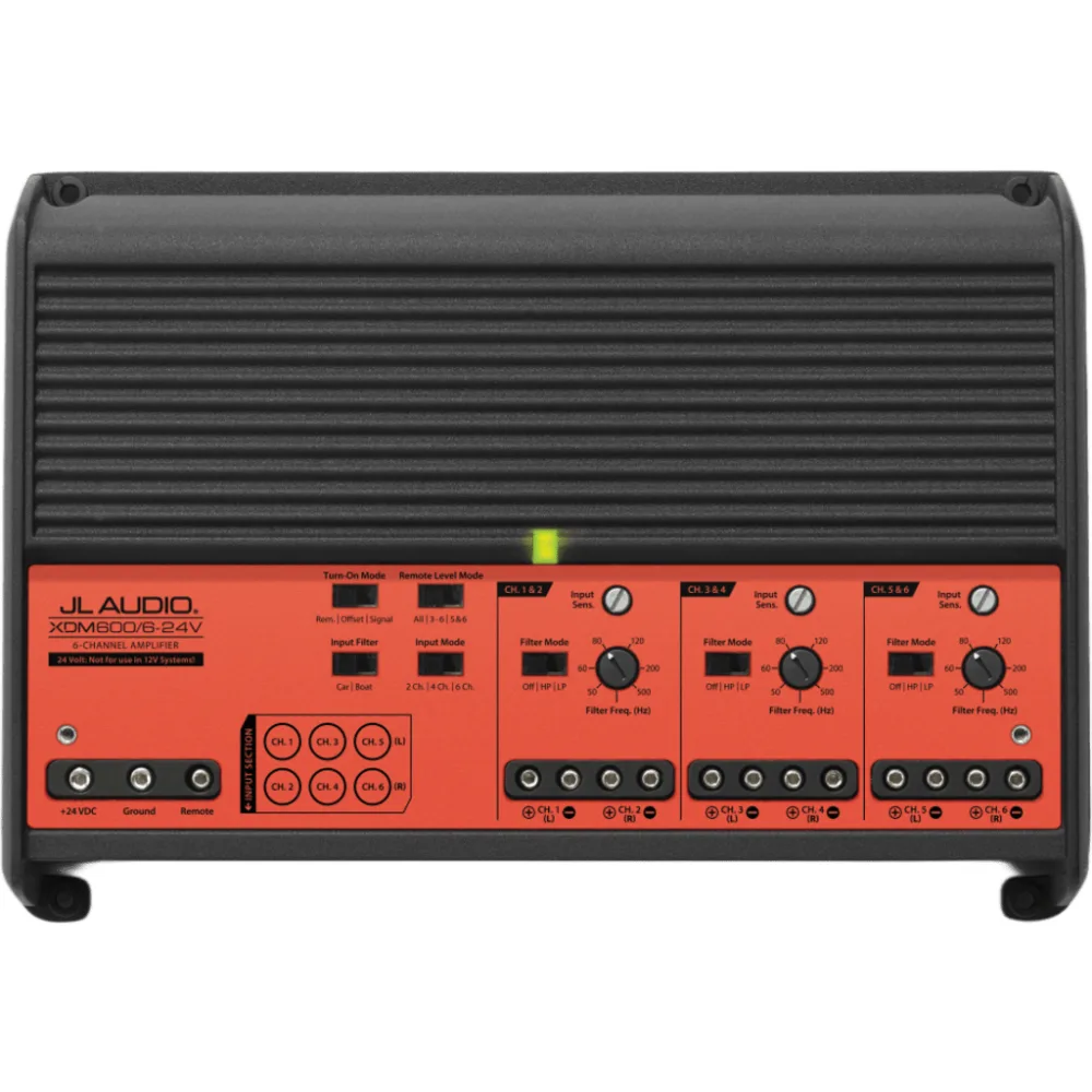 Amplificador Náutico y para Automóvil / 6 Canales / Clase D / 600 W / 24 V / Rango Completo / Procesamiento de Señales / Filtros 50 Hz-500 Hz / Control de Nivel Remoto Opcional / JL Audio XDM – vista 2
