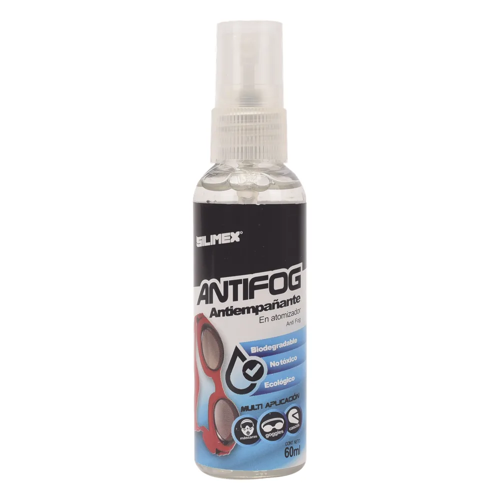 Antiempañante, ideal para eliminar problemas de empañamiento en googlees, mascaras, cascos, lentes, bote 60 ml