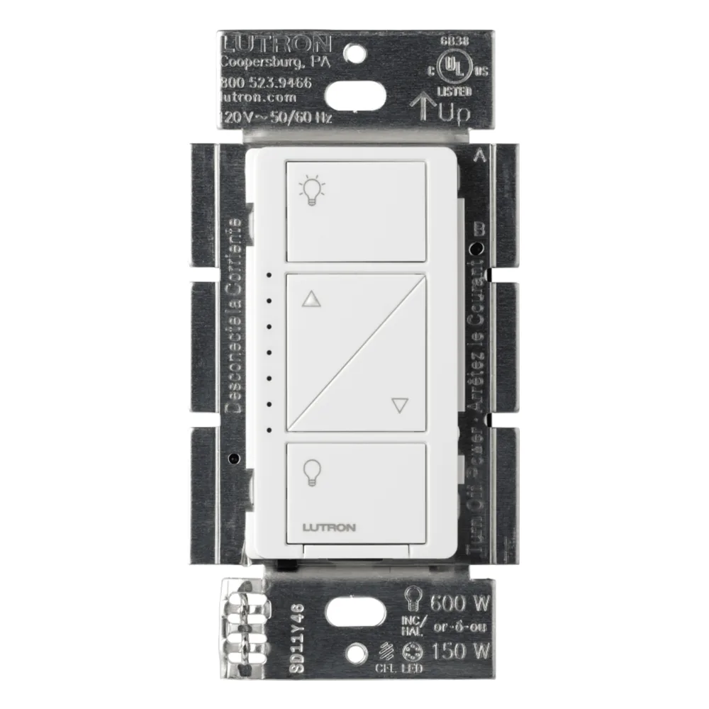 Atenuador de pared Caseta Wireless de 120 V para 150 W LED/CFL o 600 W incandescente/halógeno, sin cable neutro, compatible con controles Pico y sensores inalámbricos