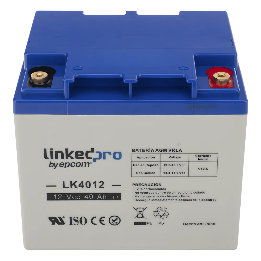 Batería de respaldo 12 V | 40 Ah | AGM | Especial para Seguridad Electrónica | UPS | Sistemas de Emergencia | Certificada UL | Vida útil 5 años | Terminales T2 – vista 2