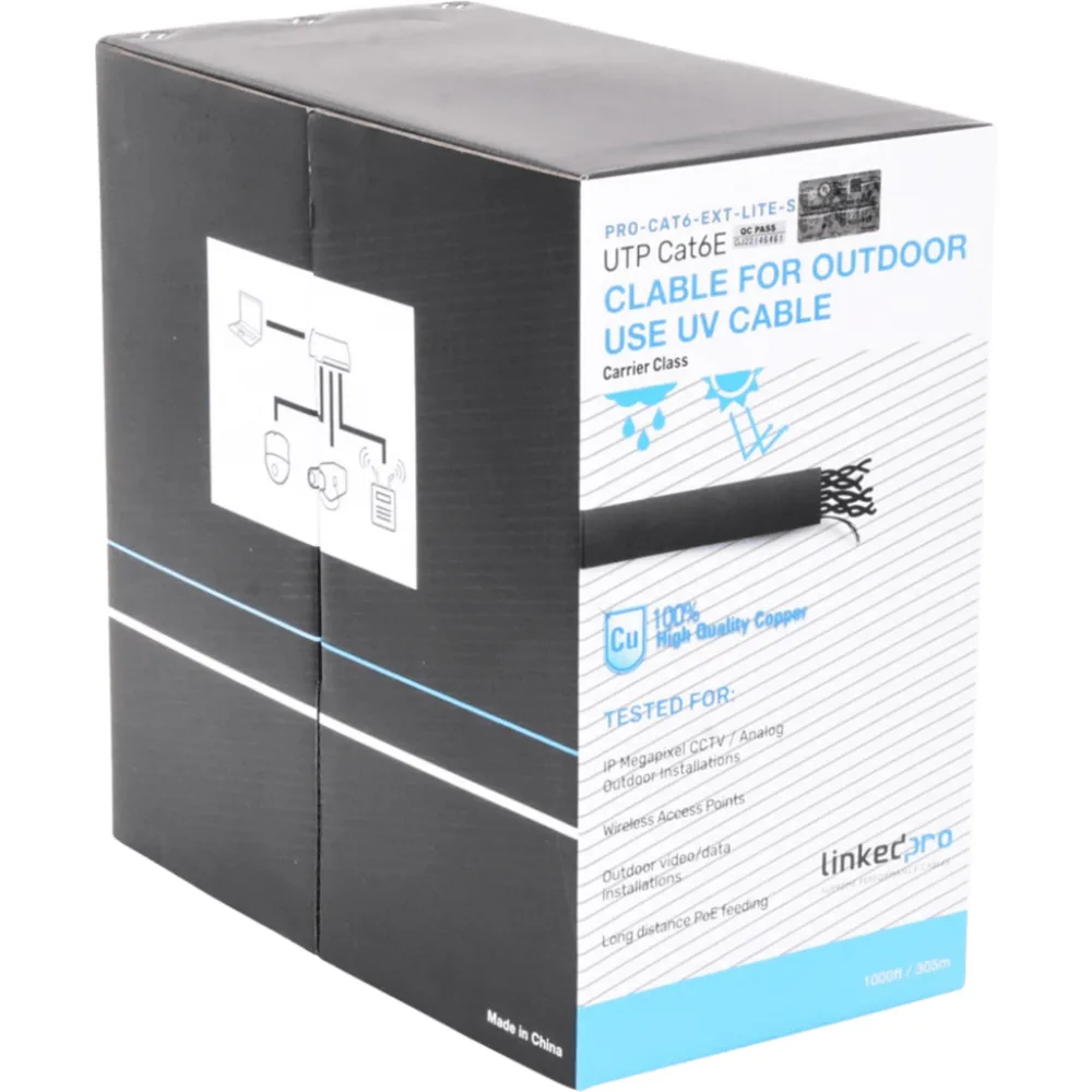 Bobina de Cable 305 Metros (1000 Pies) Cat6, 24 AWG, Climas Extremos, Color Negro, Sin Blindar, para Intemperie