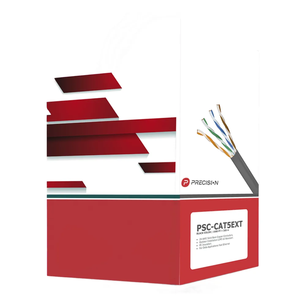 Bobina de Cable de UTP de 4 Pares Cat5e de 305 Metros (1000 Pies), 100% Cobre, LDPE Resistente a Rayos UV, Color Negro, 24 AWG, Uso en Exterior, Para Aplicaciones de Voz, Datos y Video