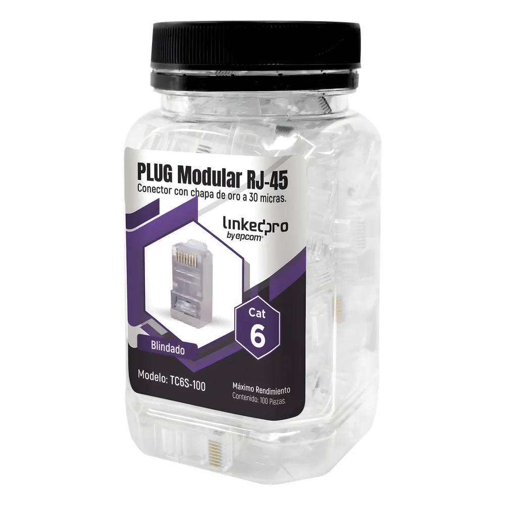 Bote con 100 Piezas de Plug Modular RJ45 Cat6 Blindado, Chapado de Oro a 30 Micras para Durabilidad Extrema SIN PIN de Tierra
