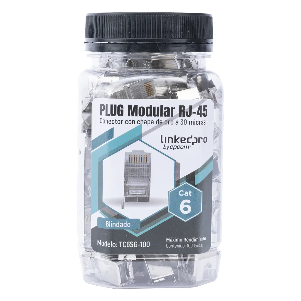 Bote con 100 Piezas de Plug Modular RJ45 Cat6 Blindado con Pin de Tierra, Chapado de Oro a 30 Micras para Durabilidad Extrema