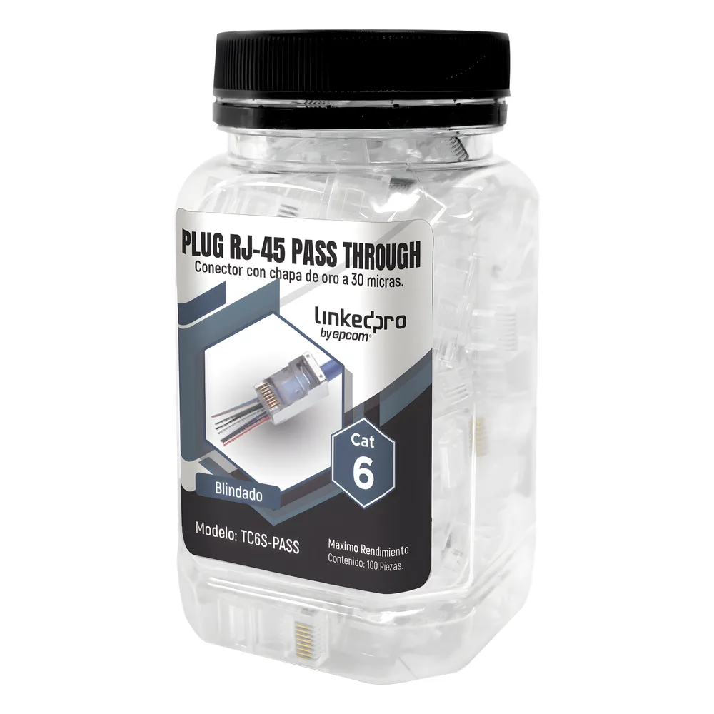 Bote con 100 Plugs Pass Through RJ45 Cat6 Blindado Chapado de Oro a 30 Micras para Durabilidad Extrema