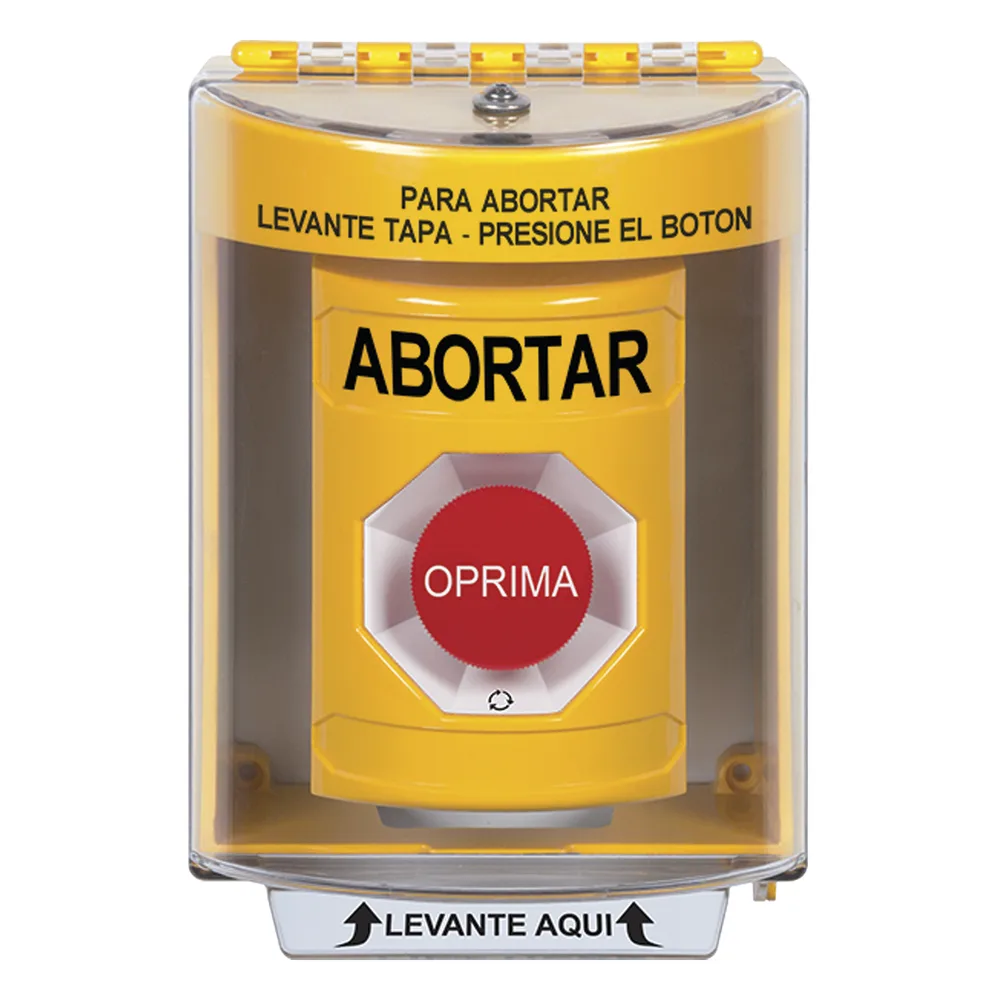 Botón de Abortar, Texto en Español, Tapa Protectora de Policarbonato Súper Resistente, Girar para restablecer