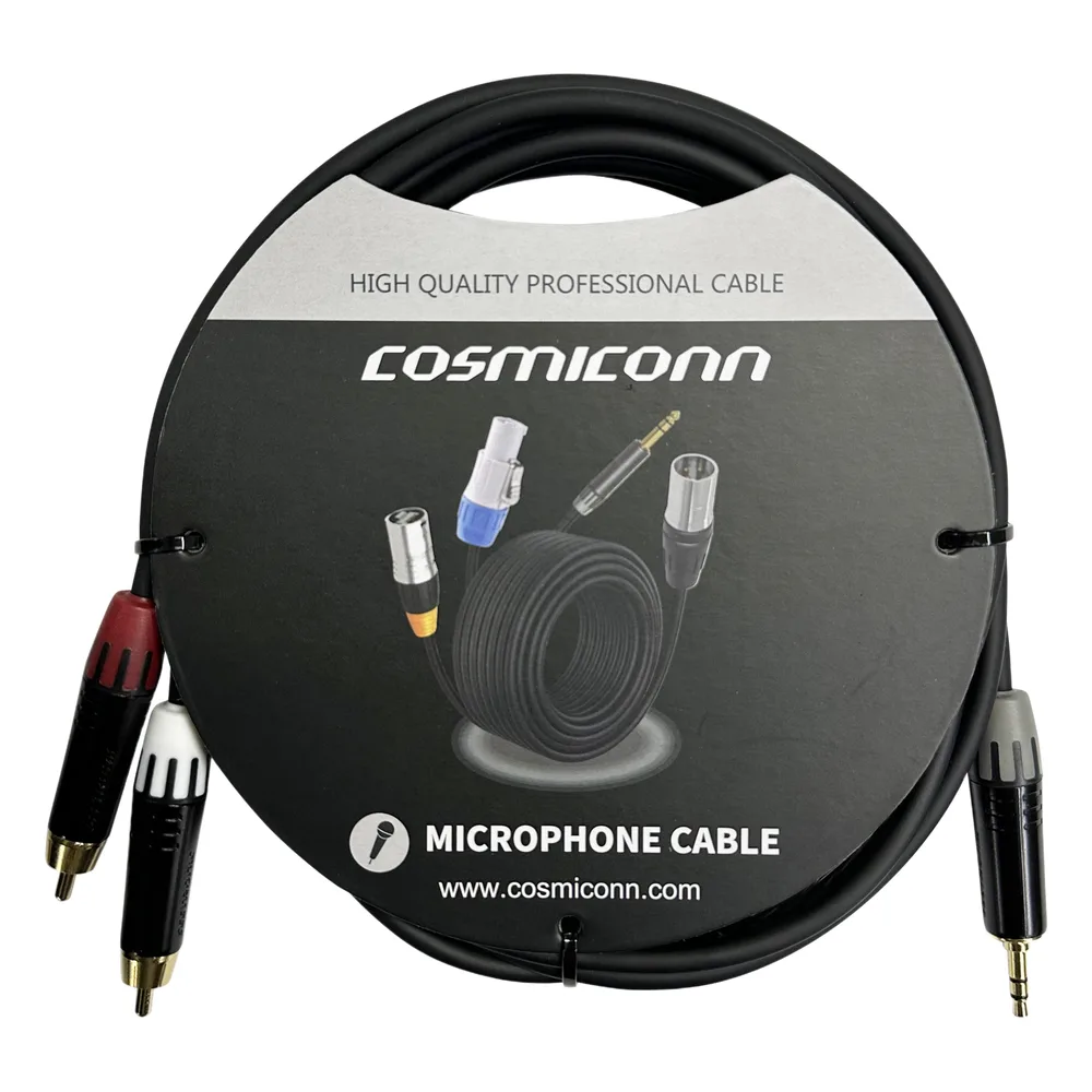 Cable 3.5mm a 2 RCA, conectores negros, con diferenciador de blanco y rojo en RCA MT380-RD - MT380-WH - MTP3C-BG, length 10m