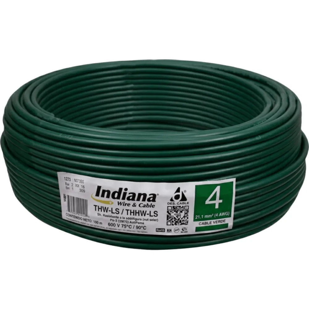 Cable Eléctrico de Cobre Recubierto THW-LS Calibre 4 AWG 19 Hilos Color Verde (100 metros) – vista 2