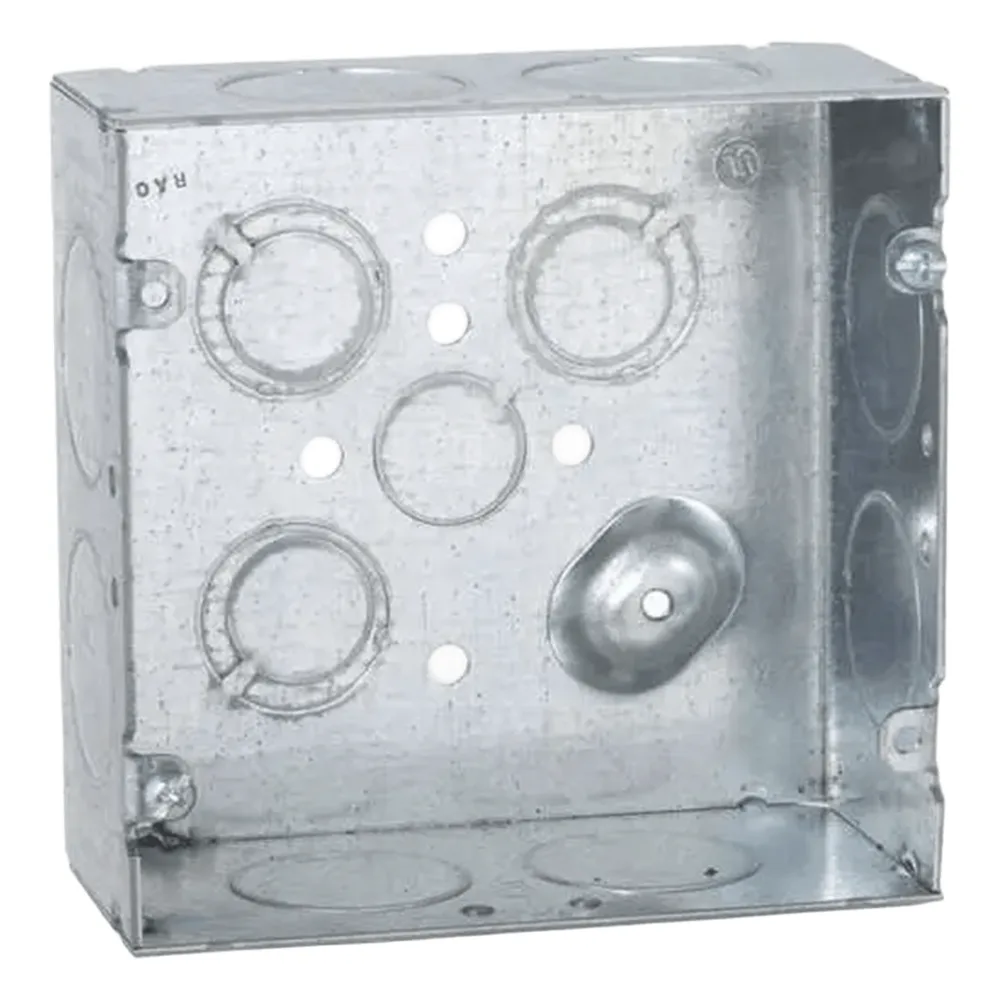 Caja Cuadrada 4 11/16 x 4 11/16"/ Profundidad 2- 1/8"/ Cuenta con 1 Entrada de 1/2", 8 de 1" y  3 TKO  (1/2"-3/4").