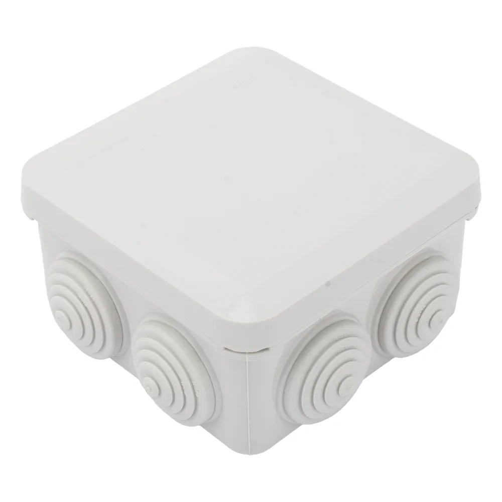 Caja Estanca, Derivación, Conexión de Plástico (89 X 89 X 50 mm) con 7 Glándulas de Goma. Para Instalaciones Comerciales,  Residenciales e Industriales. Cerrado a Presión.