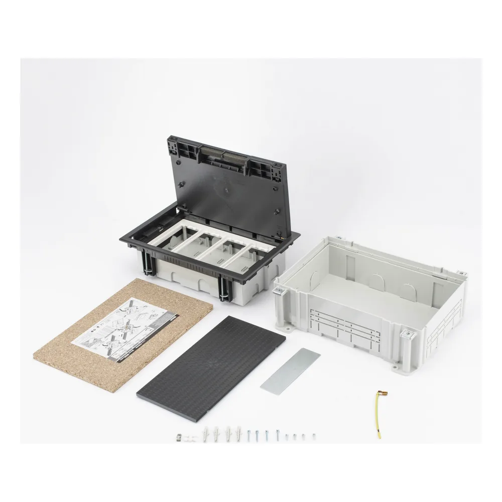 Caja Para Instalación en Pavimento para Voz, Datos o Contactos Eléctricos / Capacidad para 4 Módulos / Espacio Embellecedor en la Tapa / Profundidad Ajustable de 70 a 100 mm (2.76 a 3.94 pulgadas) / Los Módulos se Adquieren Aparte / Incluye Registro – vista 4