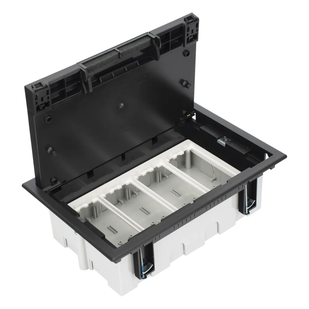 Caja Para Instalación en Pavimento para Voz, Datos o Contactos Eléctricos / Capacidad para 4 Módulos / Espacio Embellecedor en la Tapa / Profundidad Ajustable de 70 a 100 mm (2.76 a 3.94 pulgadas) / Los Módulos se Adquieren Aparte / Incluye Registro – vista 5