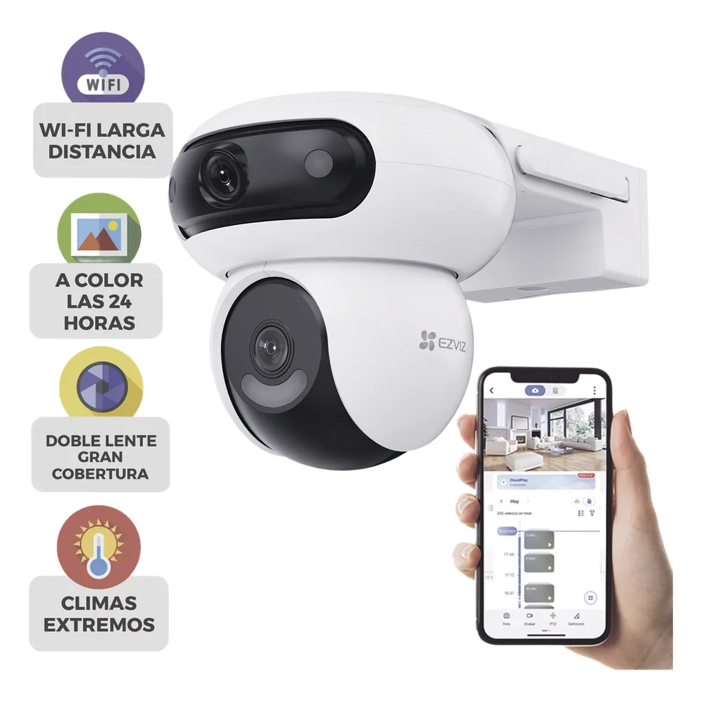 Cámara Doble Lente PT / Rotación en Ambos Lentes / Wi-Fi / 4MP+ y 4MP (Resolución 8 Megapixel ) / Audio de Dos Vías / Auto Seguimiento Inteligente / Visión Color Nocturna