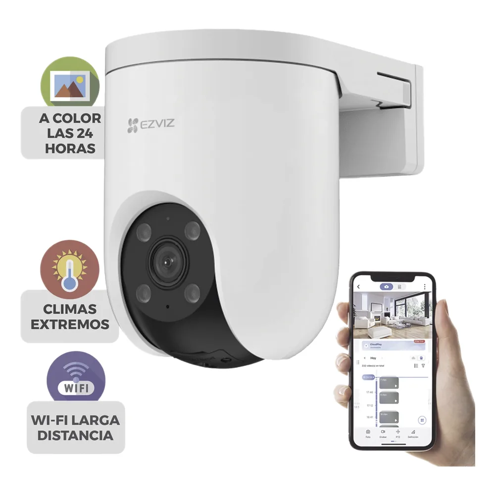Cámara PT / Resolución 5 Megapixel (3K) / Audio de Dos Vías / Visión Nocturna en Color / AI Detección de Humanos y Vehículos / Defensa Activa con Sirena y Luz Estroboscópica / IP65
