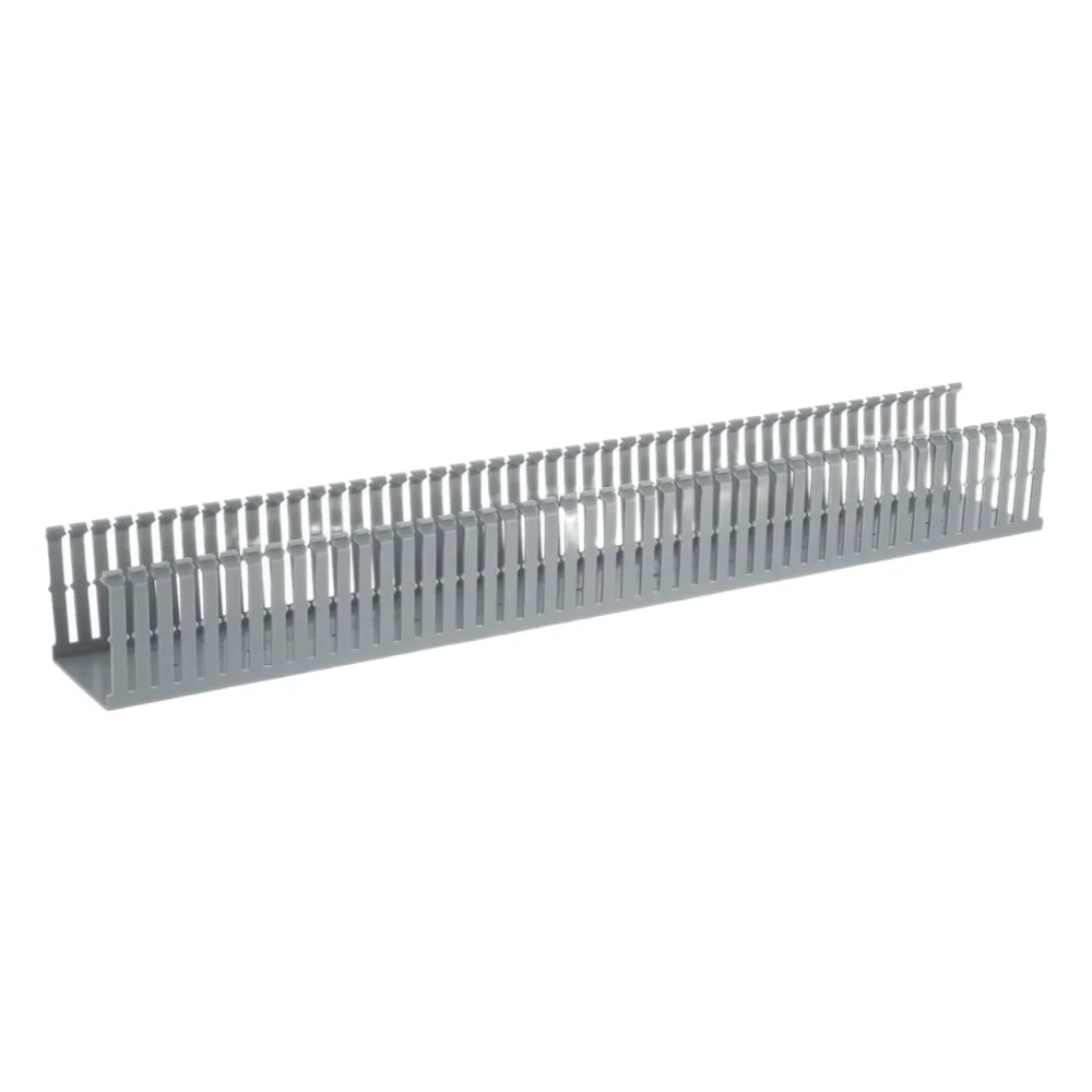 Canaleta Ranurada de PVC con Tapa, Tipo F, 82.6 mm de Ancho, 79.2 mm de Alto y 2 m de Largo, Color Gris