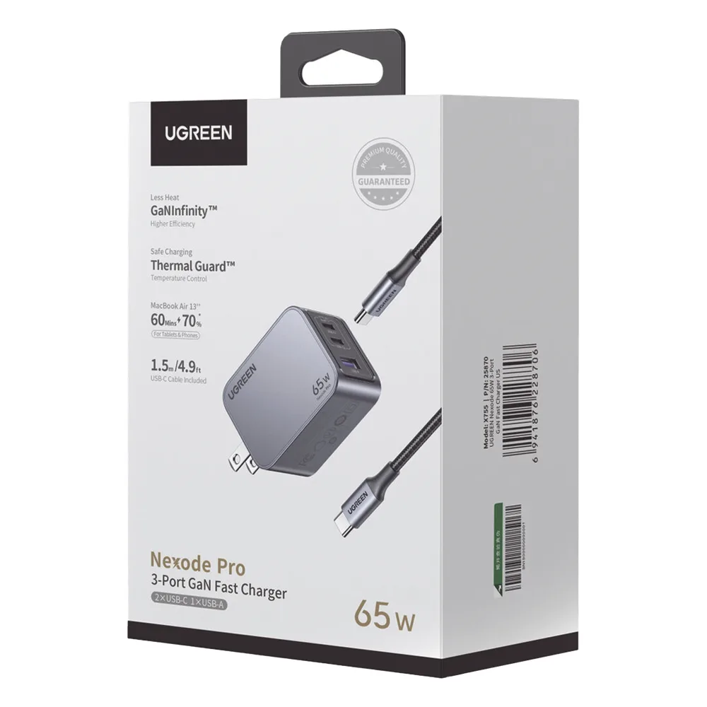 Cargador de 65W serie Nexode Pro | 3 Puertos de Carga Rápida | 2 USB-C | 1 USB-A | Tecnología GaNInfinity | PD3.1 de 65W / QC4.0 | Tecnología de Protección Térmica | Optimiza la Carga | Caja de Aluminio | Incluye Cable U – vista 3