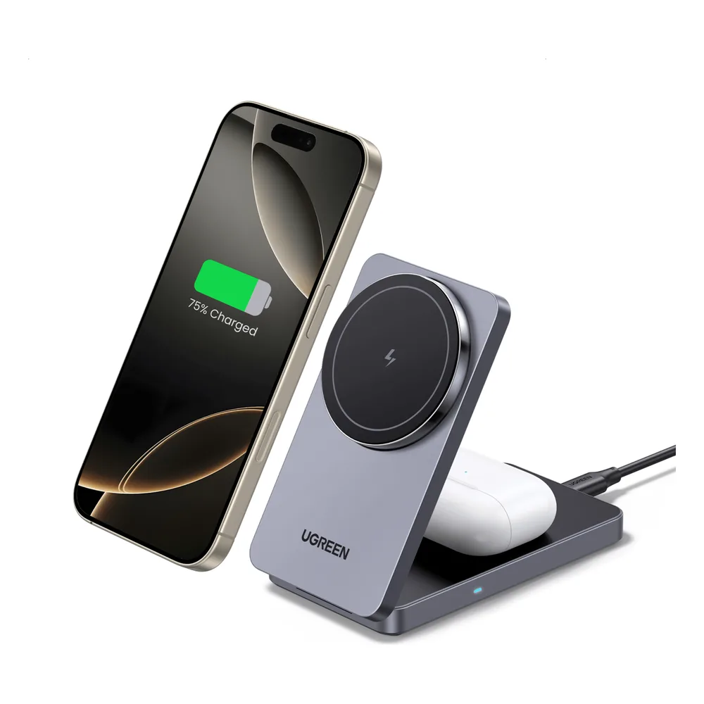 Cargador Inalámbrico 2 en 1 20W / Tecnología Qi2 15W Certificada / Carga Simultánea iPhone y AirPods / Ángulo Ajustable 70° / Diseño Plegable y Portátil / Compatibilidad Universal – vista 3