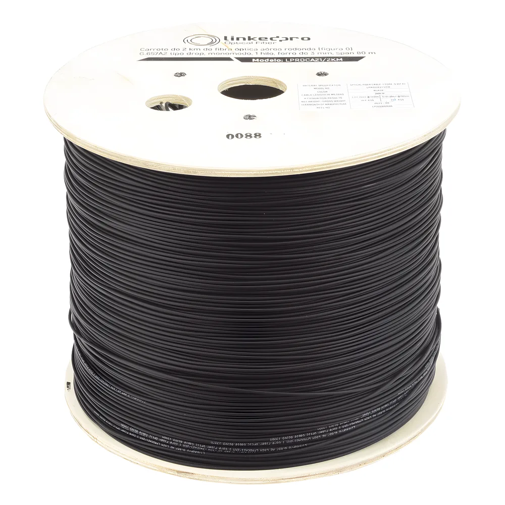 Carrete de 2 km de Fibra Óptica Aérea redonda (Figura 0) G.657A2 tipo Drop, Monomodo, 1 hilo, forro de 3 mm, Span 80m – vista 2
