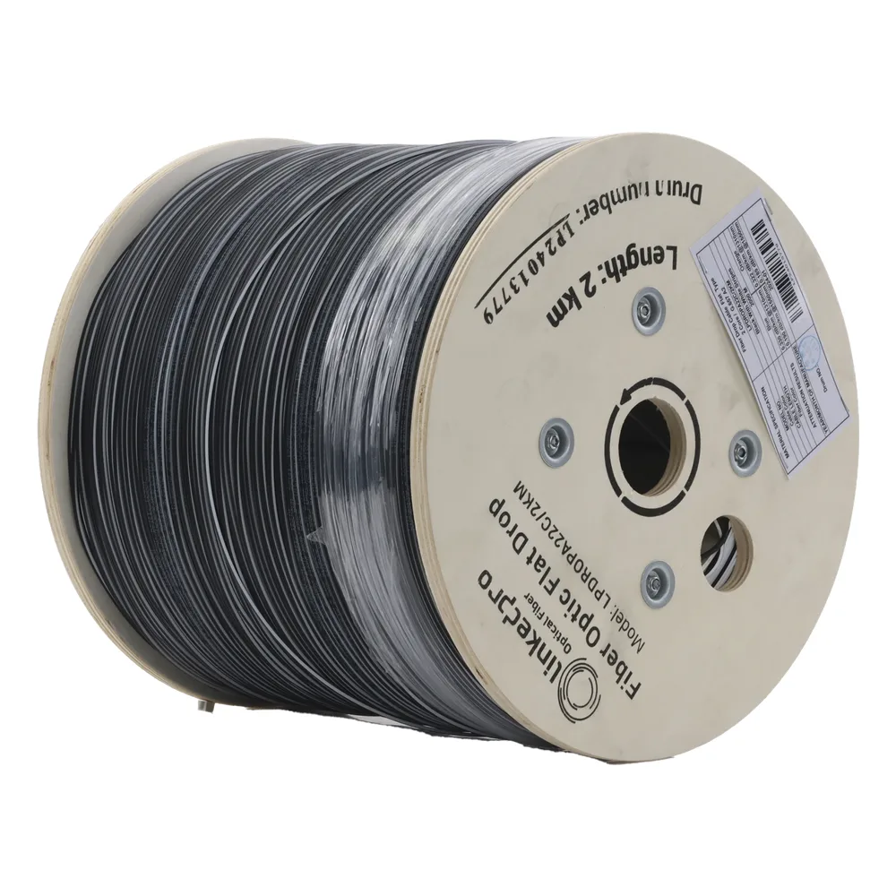 Carrete de 2 km de Fibra Óptica Drop Plana, Interior/Exterior G.657A2 Monomodo de 2 Hilos (Bifibra), Dieléctrica, Forro Negro, (No Soporta Conectores Mecánicos)