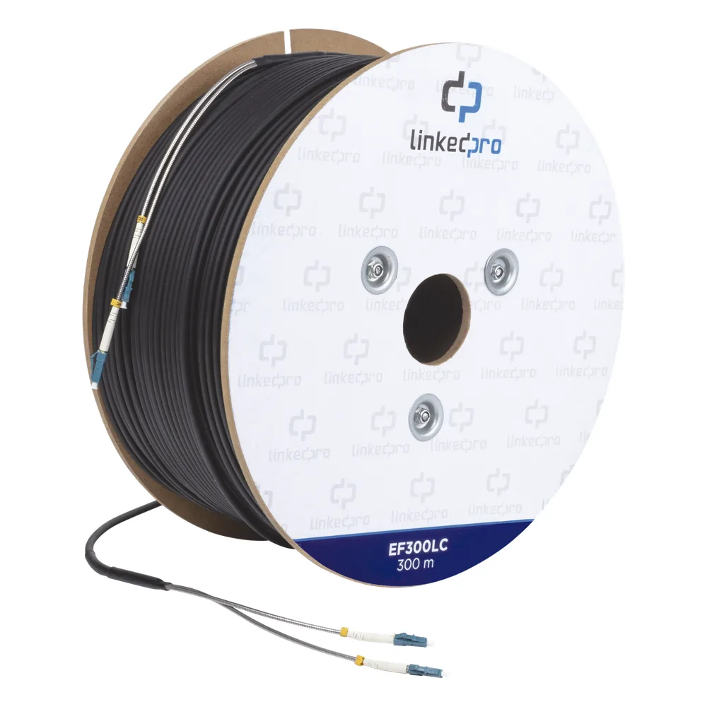 Carrete de Fibra Óptica Monomodo con Conectores LC-LC Duplex, Reforzada con Kevlar, de 300 Metros (984.25 Pies), Para Instalaciones Subterráneas por Tubería
