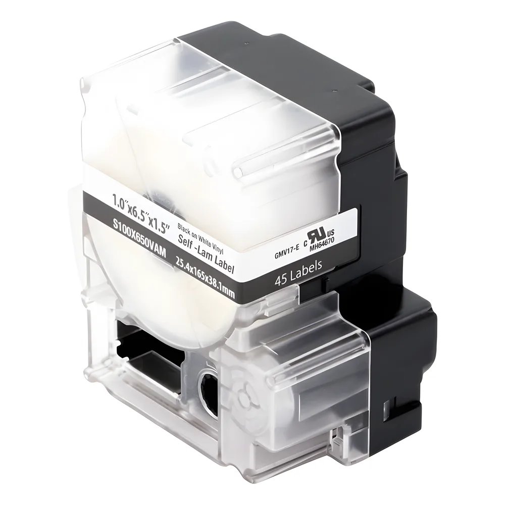 Casete de 45 Etiquetas Autolaminadas de 25.4 x 165.1 mm (1 x 6.5 pulgadas), para Cables de 4 a 8.1 mm (0.16 a 0.32 pulgadas) de Diámetro, Área de Impresión Color Blanco