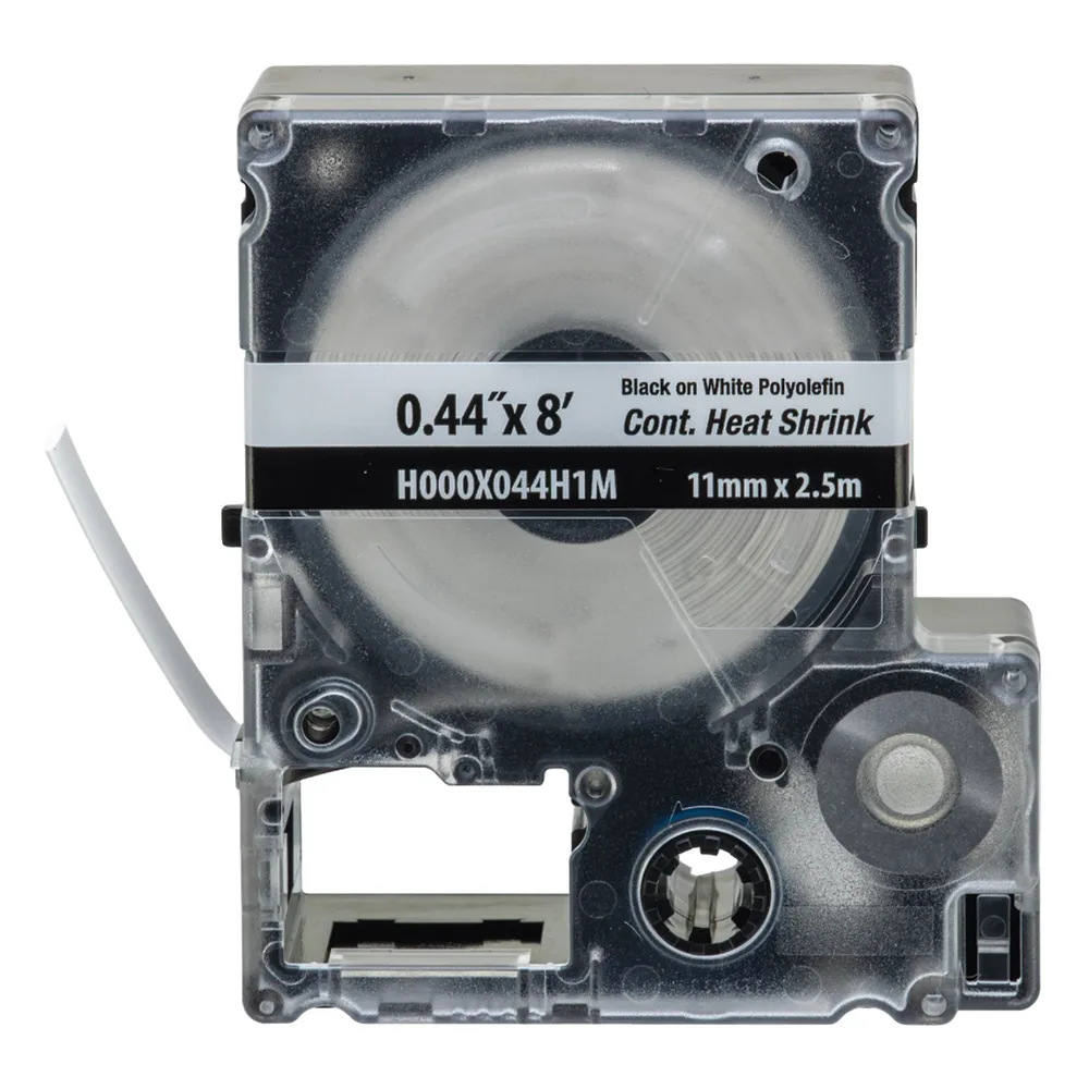 Casete de Etiquetas de Poliolefina de Cinta Continua, Tubo Termocontráctil, 11.2 mm (0.44 pulgadas) de Ancho y 2.4 metros (7.87 pies) de Largo, Para Cables de 2 a 6.4 mm (16-10 AWG) de Diámetro, Color Blanco
