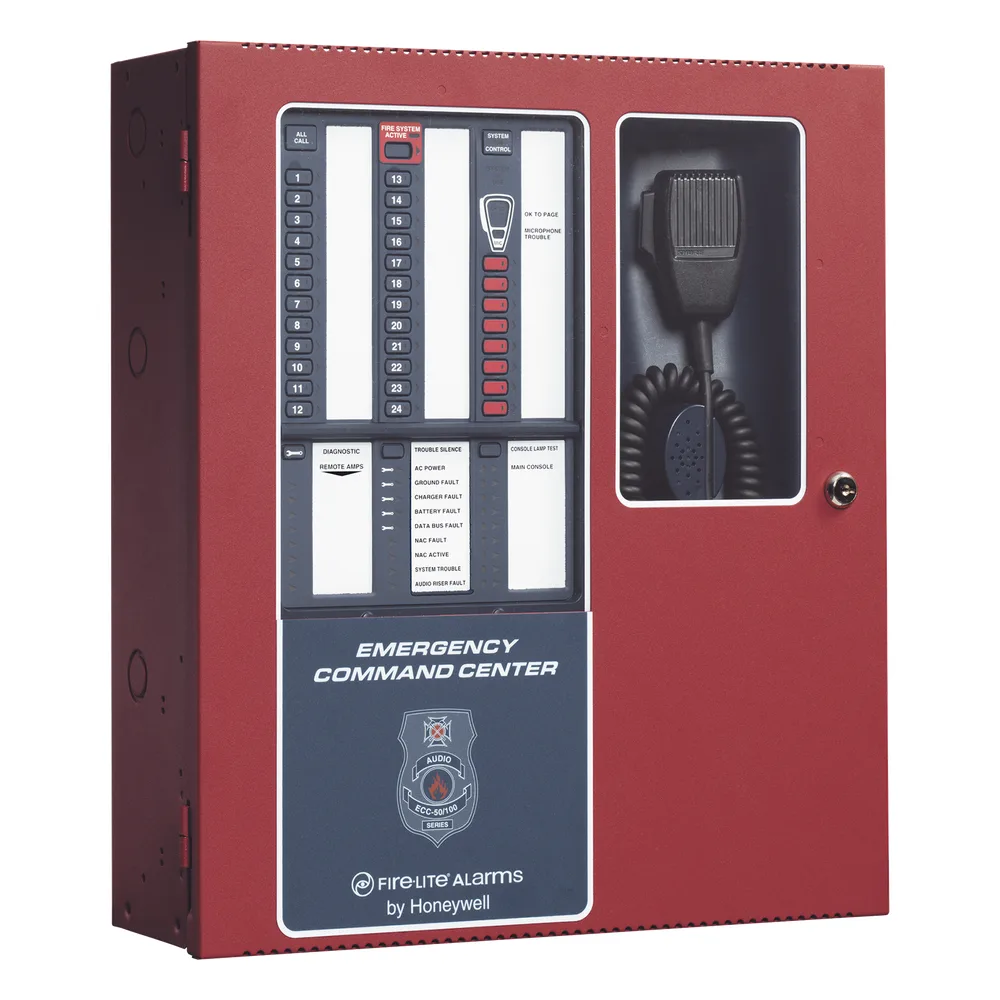 Centro de comando de emergencia para voceo y evacuación por voz, 50 W ampliable a 100 W, 8 circuitos de entrada