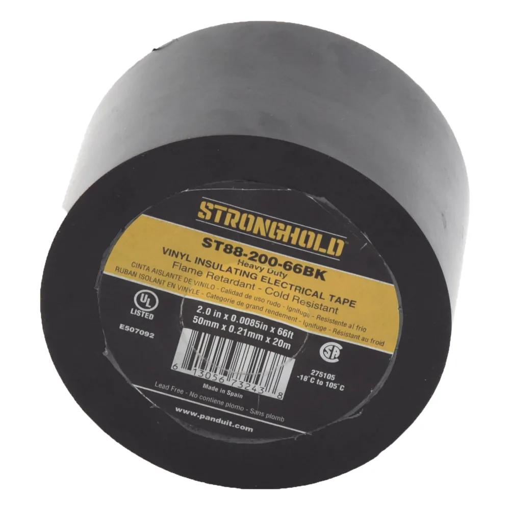 Cinta Eléctrica STRONGHOLD Para Aislar, de PVC, Trabajo Pesado Eléctrico (UV, abrasión, aceite, corrosión), Grosor 0.21 mm (8.5 mil), Ancho 50 mm, y 20 m Largo, Uso Int./Ext., Color Negro. Superior a cinta Super 33