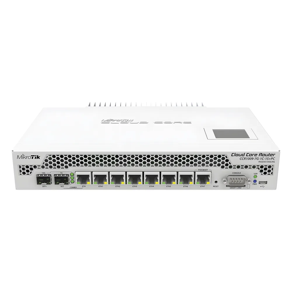 Cloud Core Router, CPU 9 Núcleos,7 Puertos Gigabit, 1 Combo TP/SFP, 1 puerto SFP+, 2 GB memoria y enfriamiento pasivo