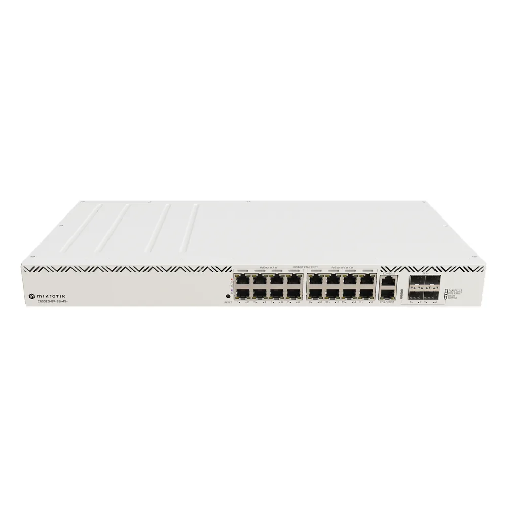 Cloud Router Switch 16 puertos, 8 PoE+ y 8 PoE++, Fuentes redundantes Hot-Swap – vista 3