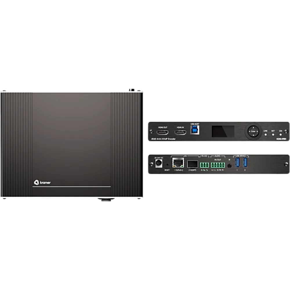 Codificador AVoIP 4K60 4:4:4 | Transmisión por Ethernet o Fibra | Audio Dante, USB, IR, RS-232, CEC | Códec Visualmente Sin Pérdidas | PoE+ | Gestión por Web y API