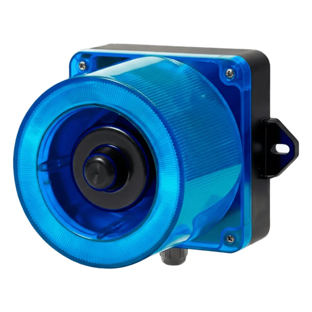Combinacion de baliza LED color Azul y sirena electrónica de 31 tonos resistente a la intemperie de volumen máx. 123 dB a 12-24 VCD