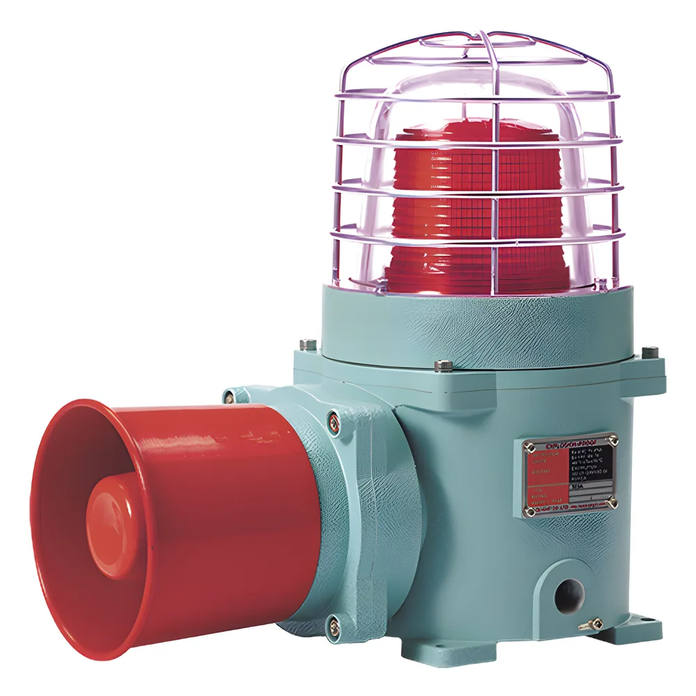 Combinación de baliza LED color Rojo con patrón fijo y flasheante con sirena electrónica, volumen máx. 120 dB para zonas peligrosas a 120 VCA