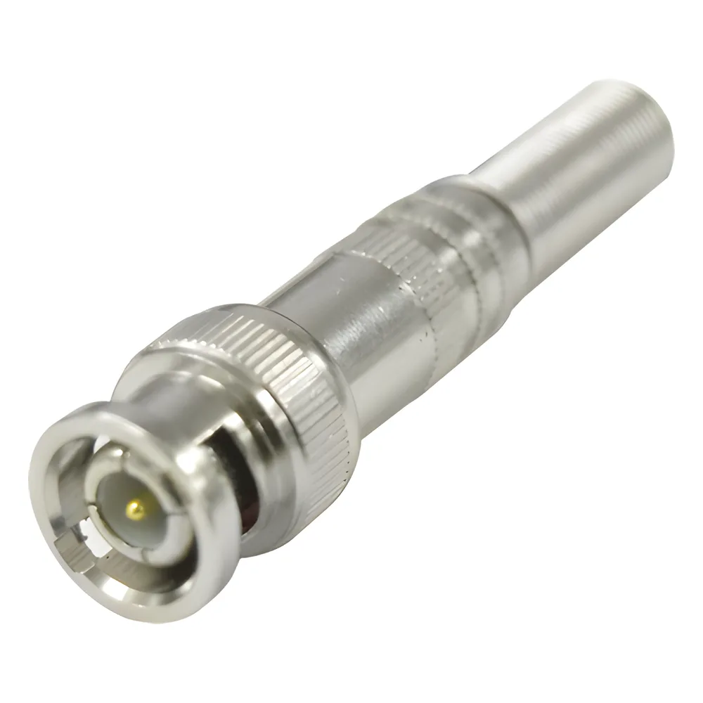 Conector BNC macho de 75 Ohm, con base de resorte para montar a presión cable coaxial RG-59/ Níquel/ Oro/ Teflón.