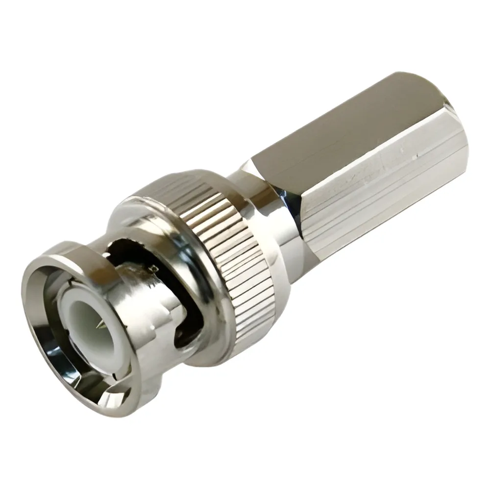 Conector BNC Macho de Ensamble Roscable (Hex.) en Sentido de las Manecillas de Reloj para Cable Coaxial RG-59/U, Níquel/ Oro/ Delrin.