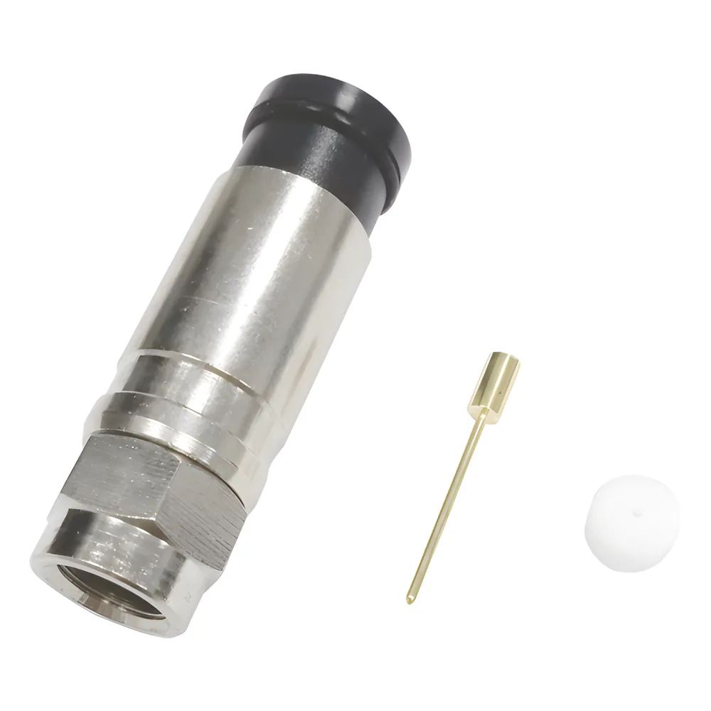 Conector F Macho de Compresión Axial con Borne Negro para instalar en Cable Coaxial RG-11, 75 Ohm, Bronce-Niquelado.